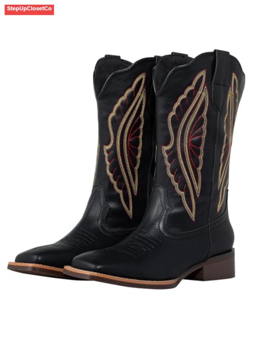 Women's Square Toe Cowboy Boots Faux Leather Wide Calf Embroidered Western Mid